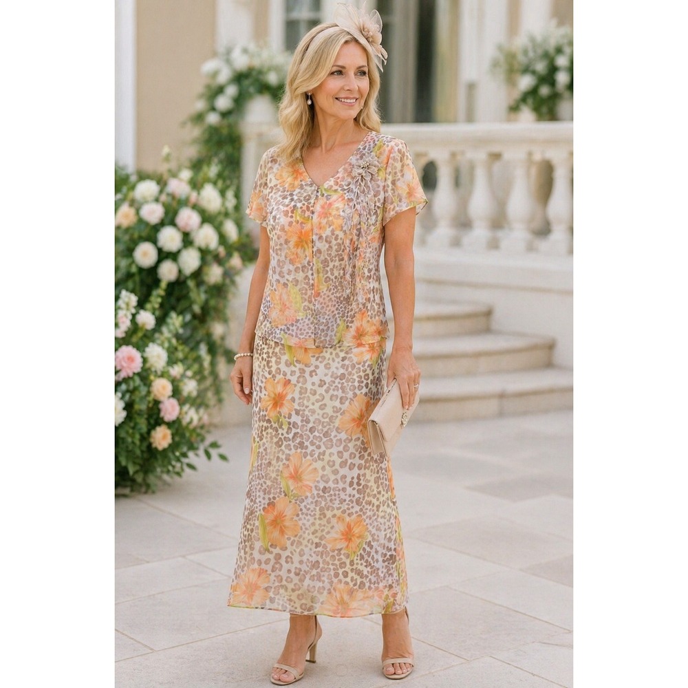 JBS Pastel Leopard Floral Print Chiffon Dress L Romantic Wedding Guest‎ Elegant